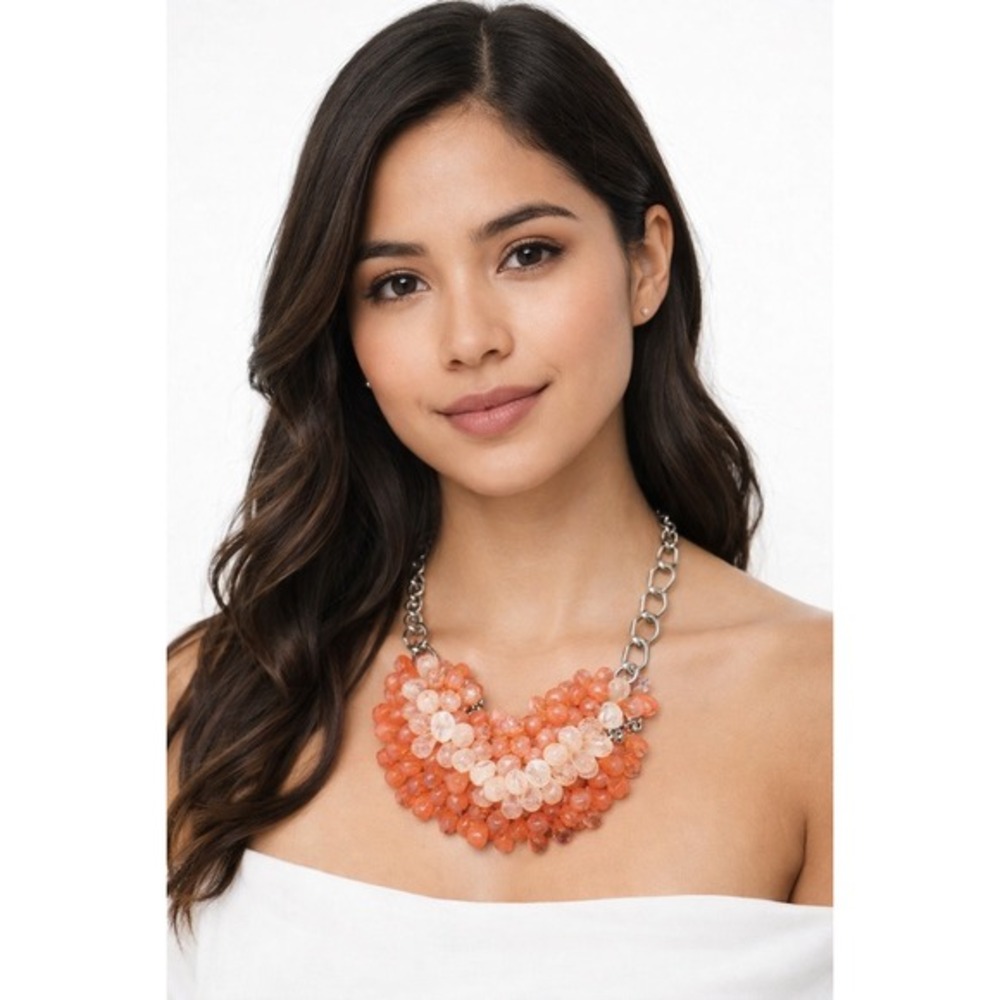 Loft Peach Coral Beaded Statement Bib Necklace Silver Tone Chunky Chain J-01‎